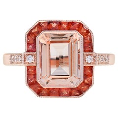 Bague de style Art déco en or 14 carats avec Morganite taille émeraude, saphir orange, diamant