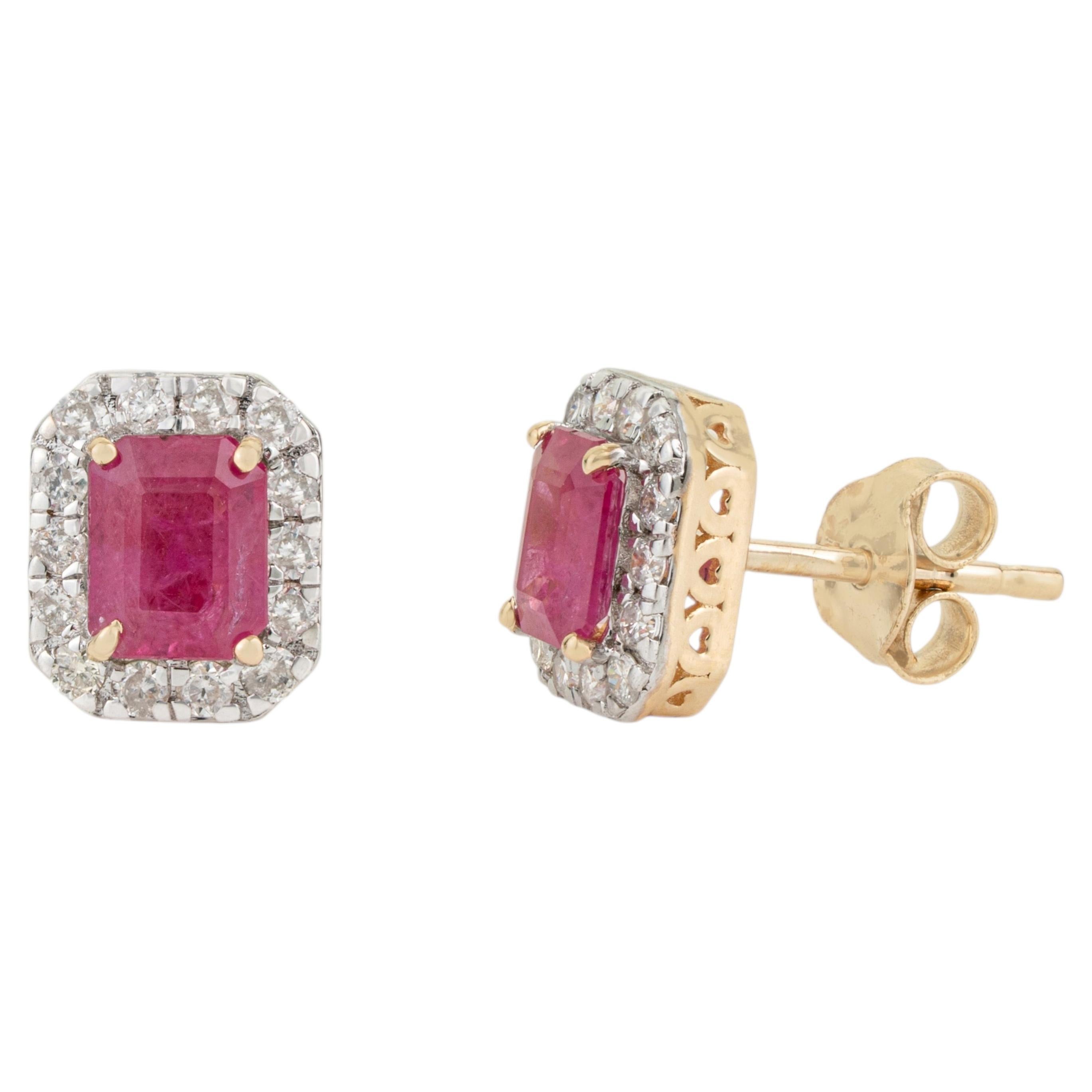 Emerald Cut Mozambique Ruby Diamond Halo Stud Earrings 1.1ct in 14K Yellow Gold