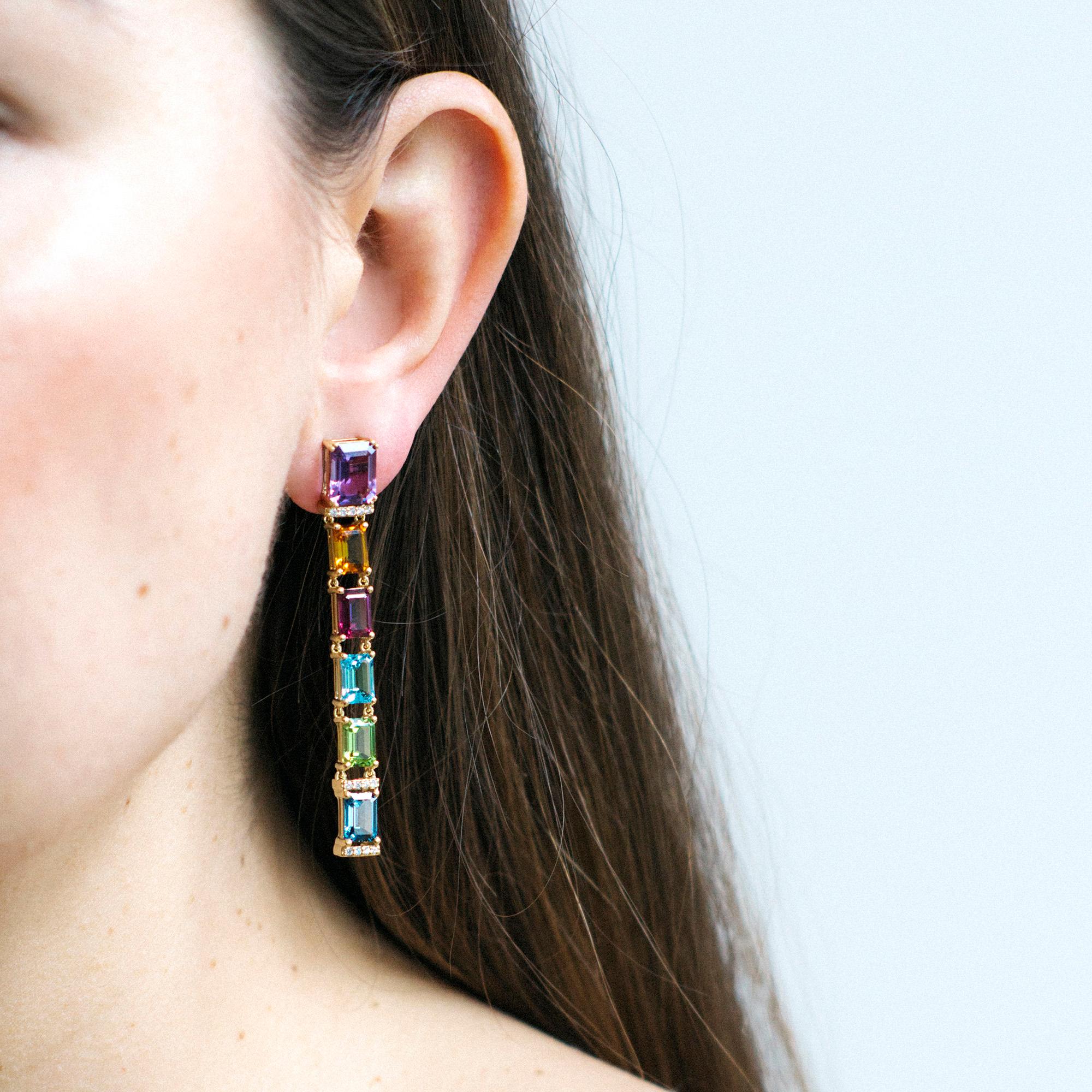 Amethyst, Garnet, Citrine, Peridot, London Blue Topaz and Blue Topaz Emerald Cut Multi-Color Long Earrings in 18K Yellow Gold with Diamonds, from 'Gossip' Collection  

Stone Size: 9 x 7 mm (Amethyst),  7 x 5 mm (Garnet, Citrine, Peridot, London