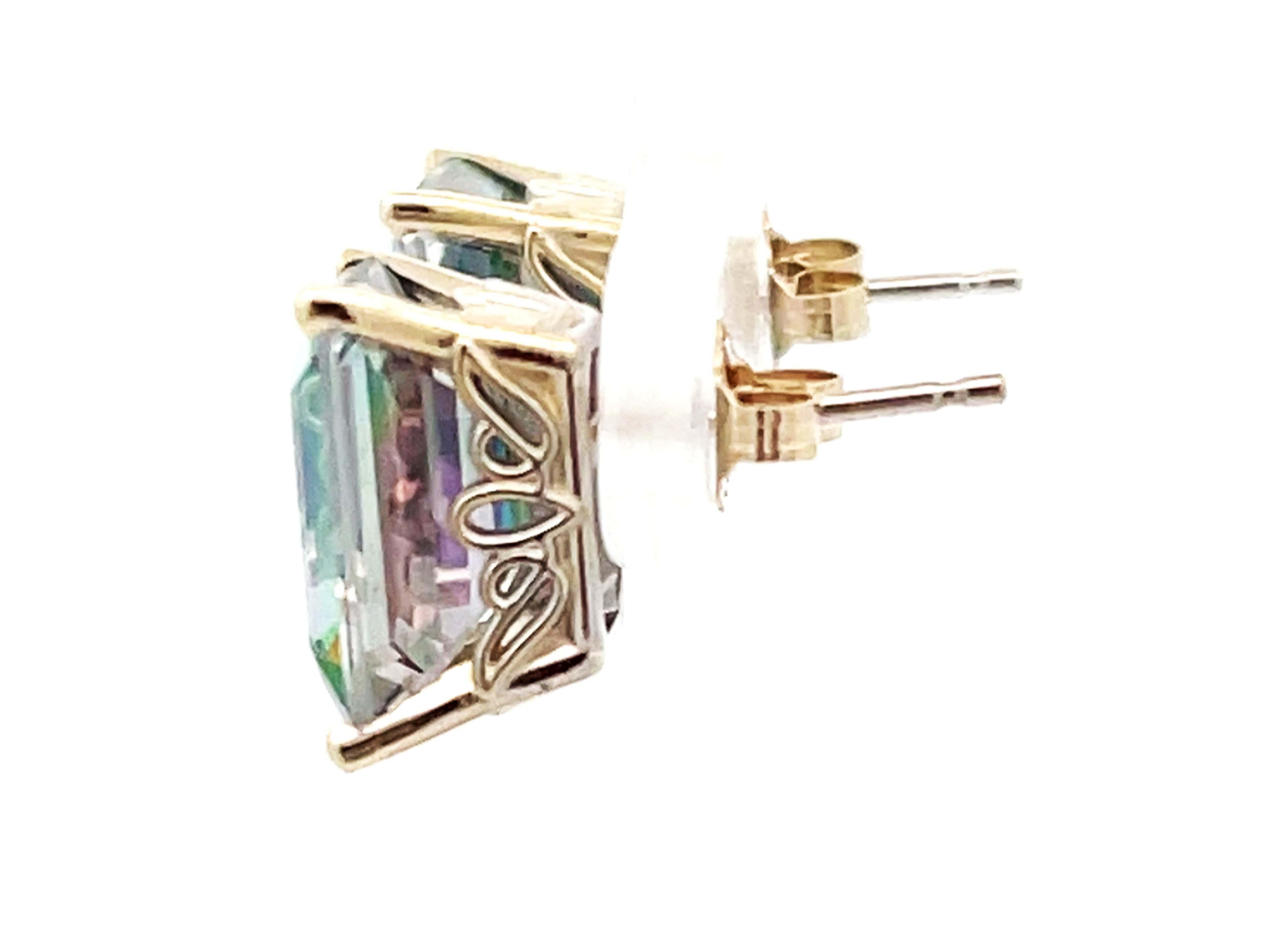 Modern Emerald Cut Mystic Topaz Stud Earrings in 14k White Gold