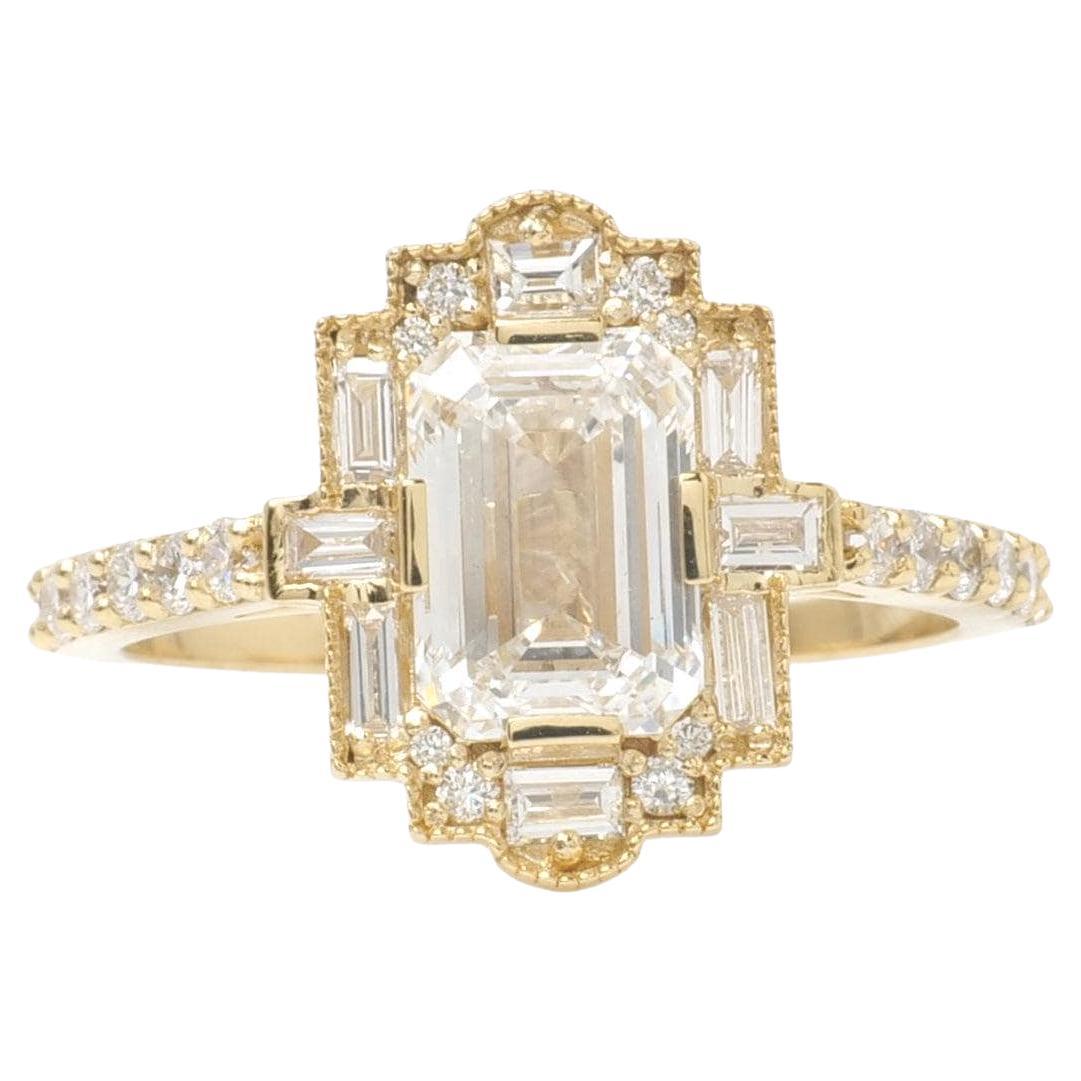 Emerald Cut Natural Diamond Art Deco Wedding Ring in 14K Solid Gold (Certified)