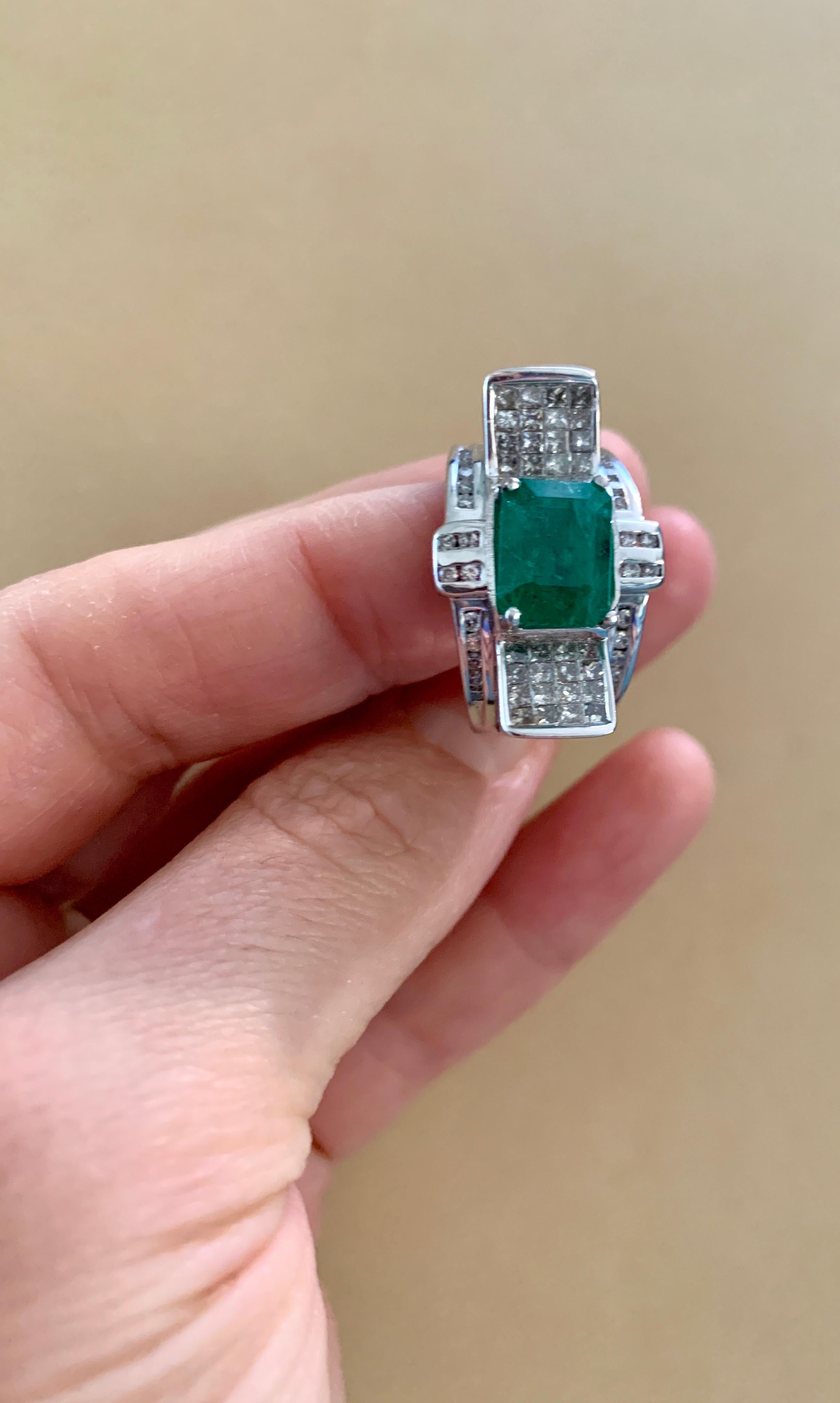 4 Carat Emerald Cut Natural Emerald & 1 Ct Diamond 14 Karat Gold Cocktail Ring For Sale 8