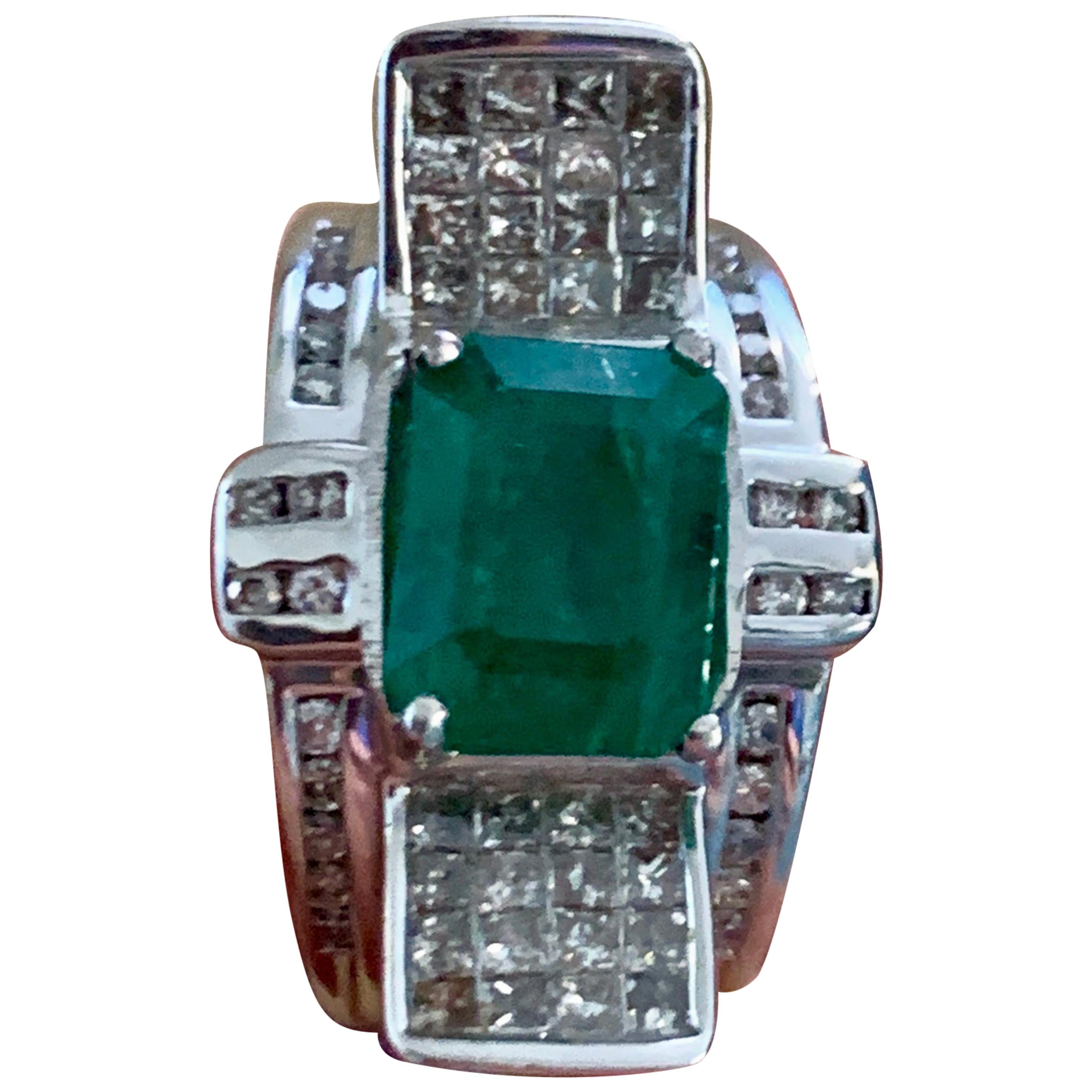 4 Carat Emerald Cut Natural Emerald & 1 Ct Diamond 14 Karat Gold Cocktail Ring For Sale