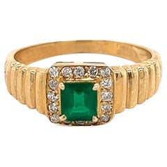 Emerald Cut Natural Emerald and Round Diamond Halo 18k Yellow Gold Ribbed Ring