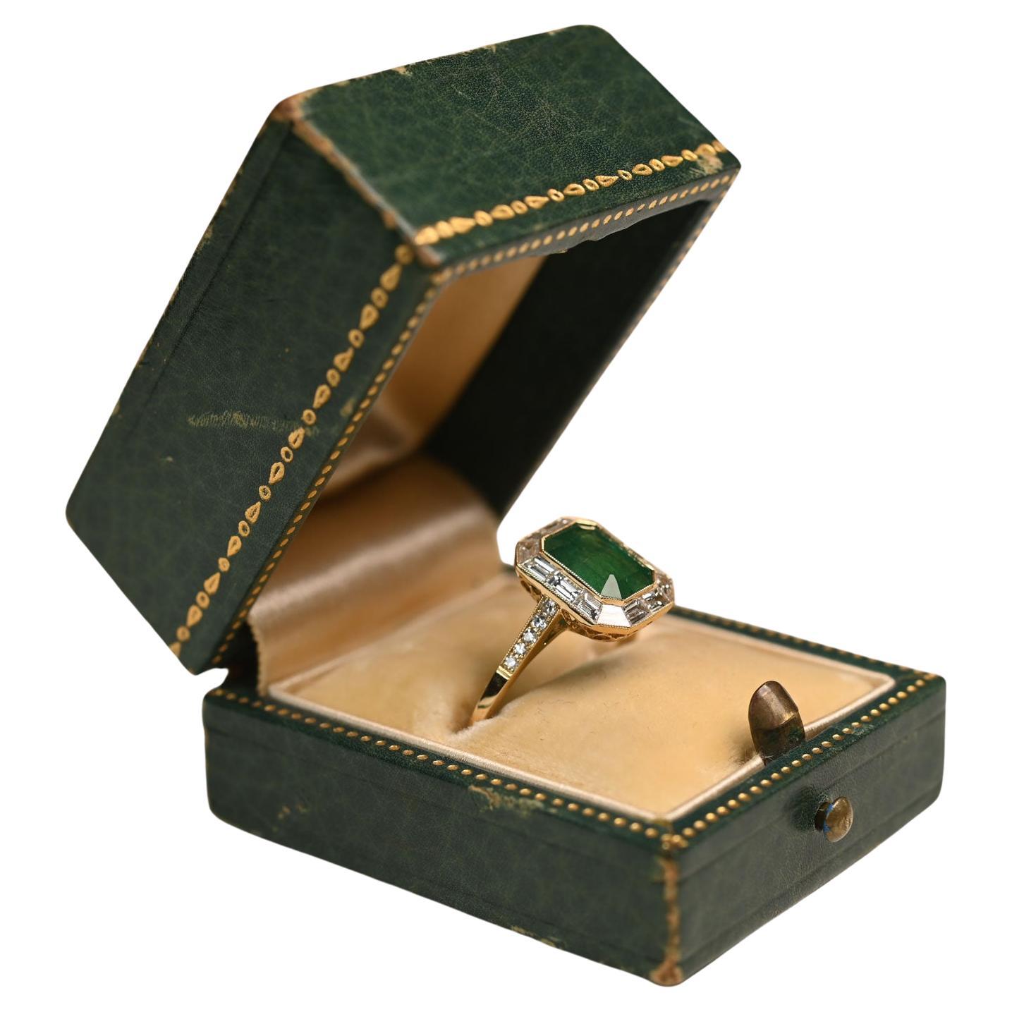 Emerald Cut Natural Emerald (Approx 2-Carats) Diamond Halo Ring, 18K Yellow Gold