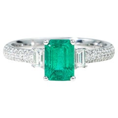 Emerald Cut Natural Emerald Diamond Cocktail Engagement Ring 18k White Gold