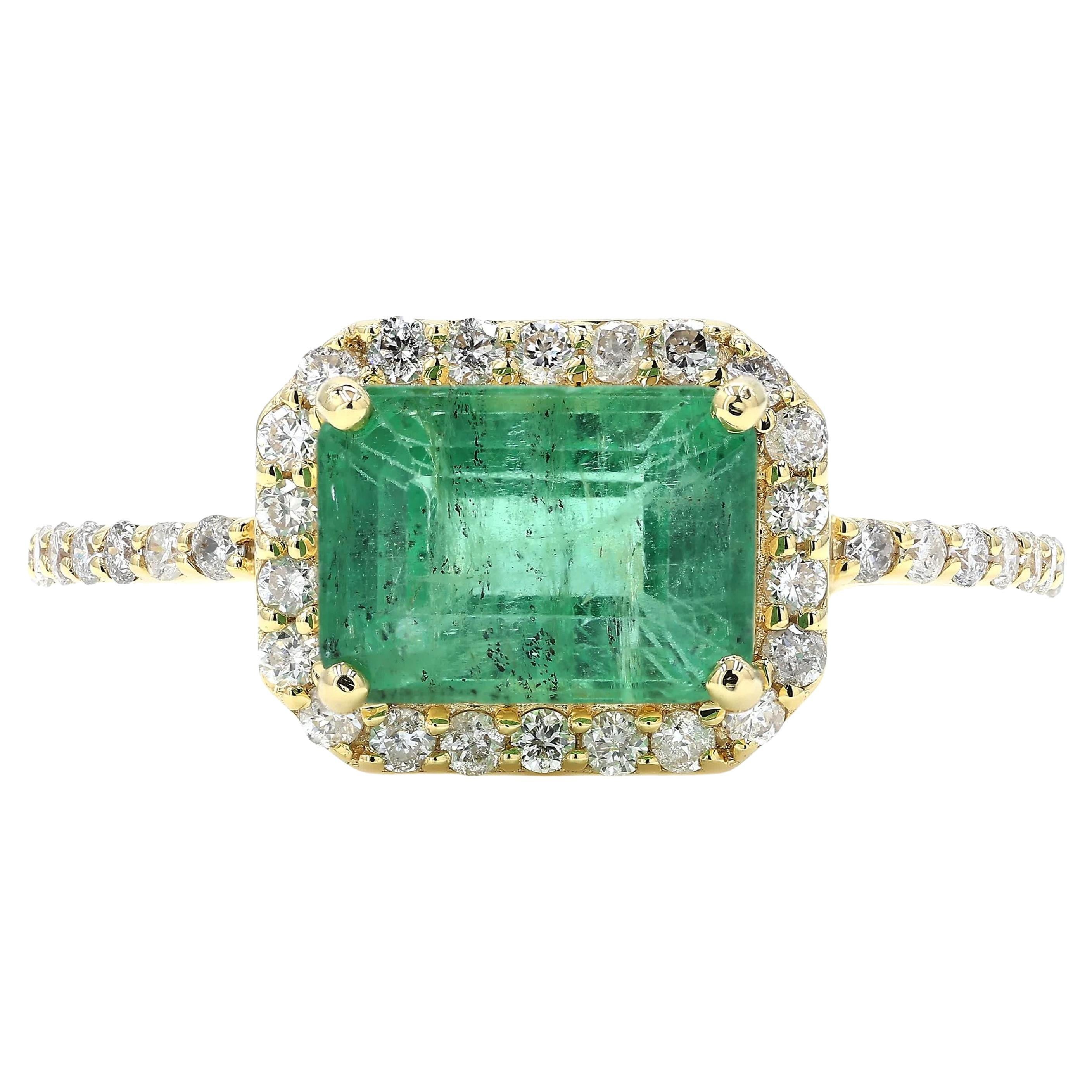 Emerald Cut Natural Emerald & Diamond Halo Ring in 14K Solid Gold (Certified)