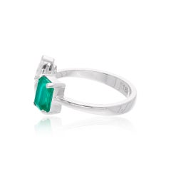 Emerald Cut Natural Emerald Gemstone Cuff Ring Pear Diamond 18 Karat White Gold