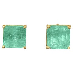 Emerald Cut Natural Emerald Stud Earrings in 18k Solid Yellow Gold