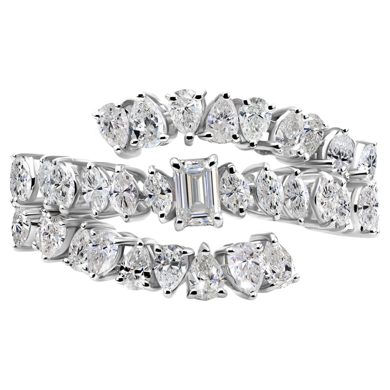 Emerald Cut Natural SI/H 1.63Ct Diamond Double Band Wrap Ring 18K White Gold