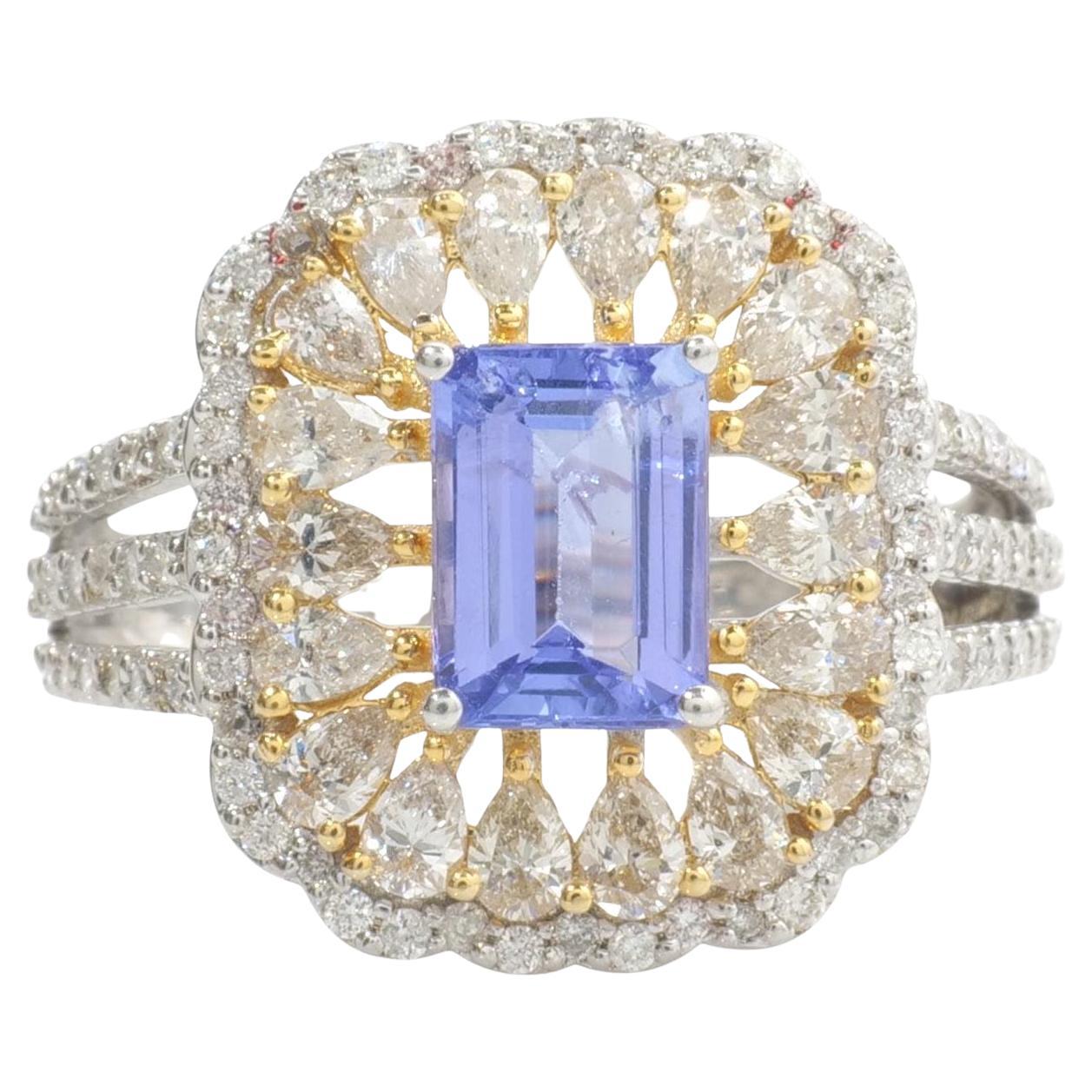 Emerald Cut Natural Tanzanite Natural Diamond Ring in 14k Solid Gold (Certified) For Sale