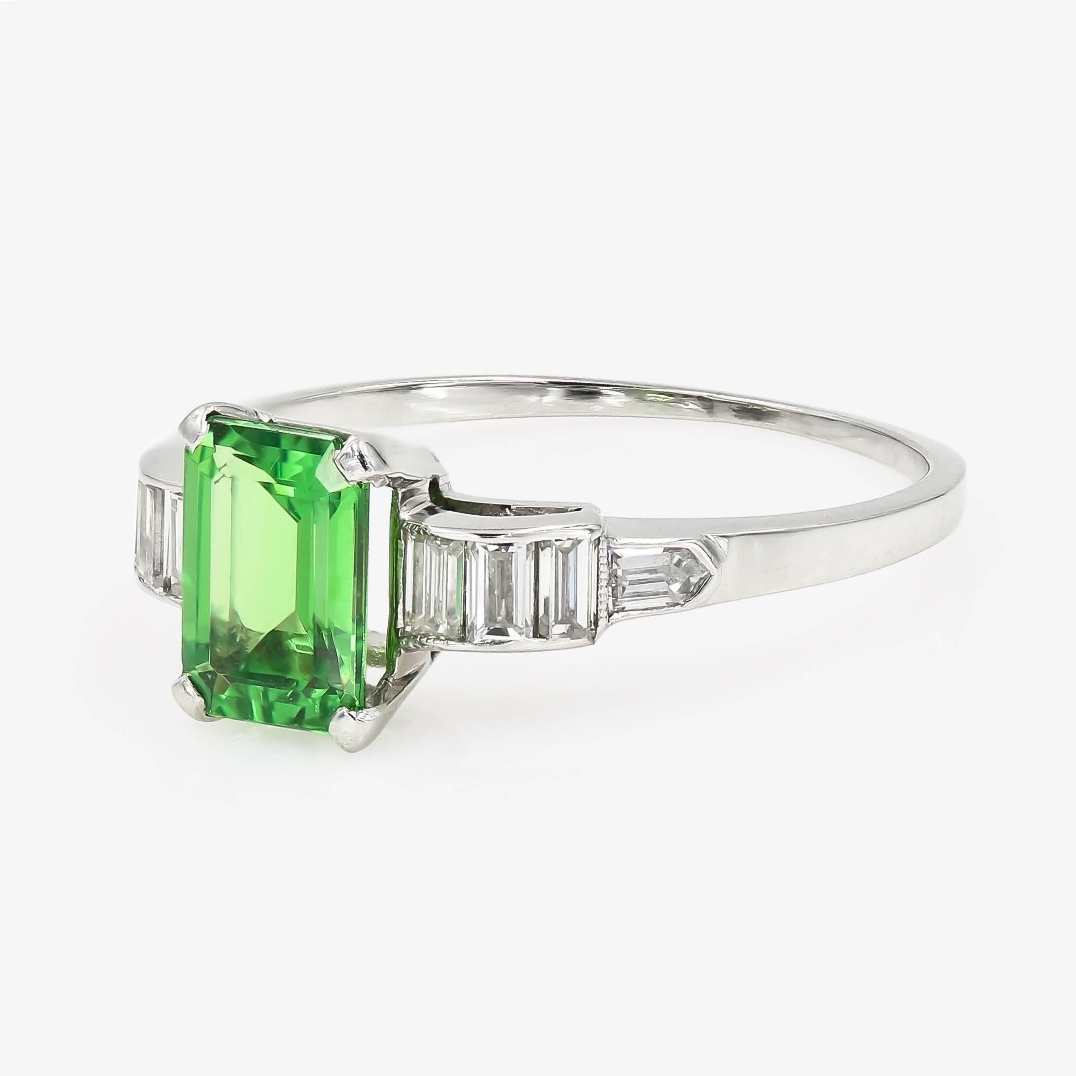 Contemporary Emerald Cut Natural Tsavorite and Baguette Diamond Ring in Platinum