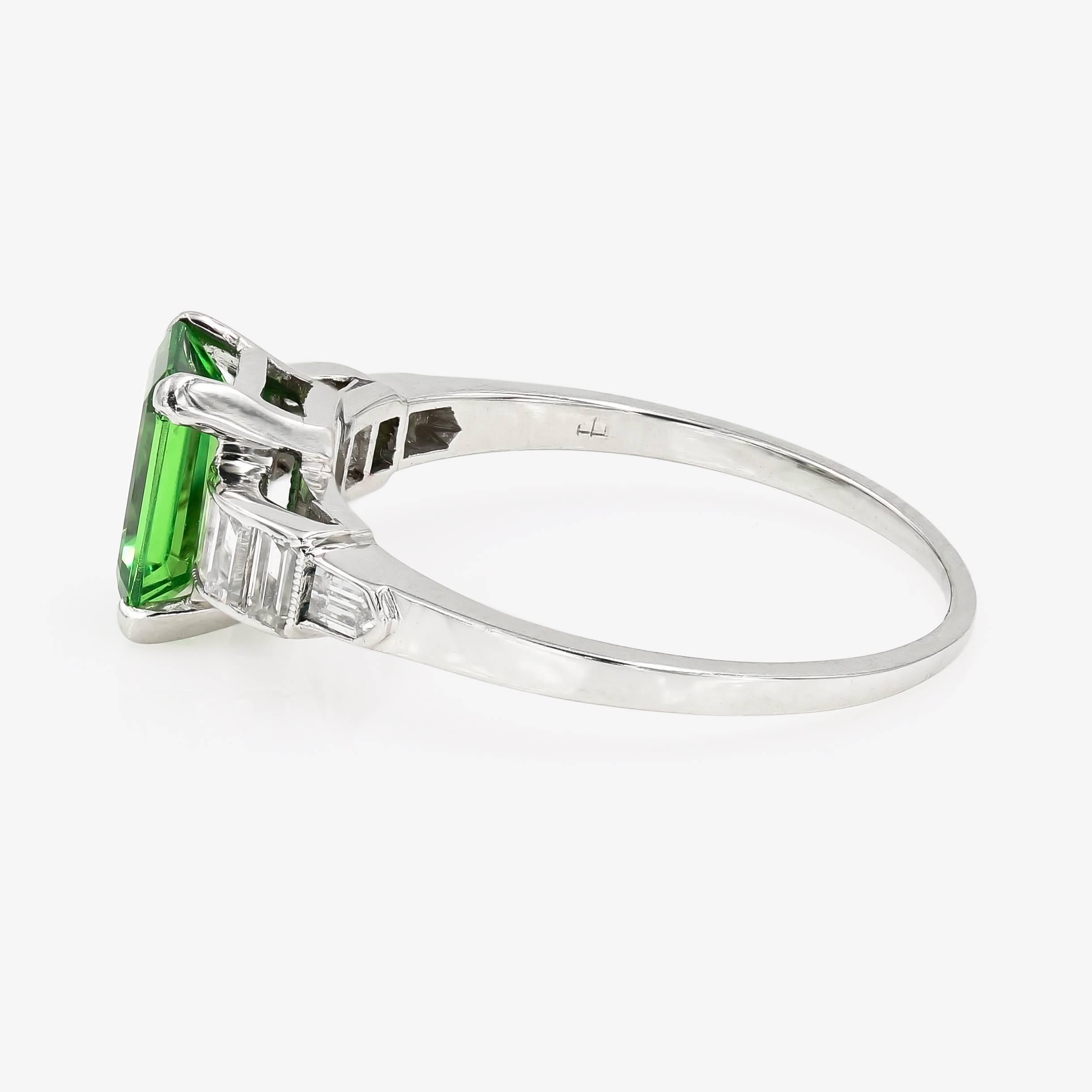 Emerald Cut Natural Tsavorite and Baguette Diamond Ring in Platinum In New Condition In Chicago, IL