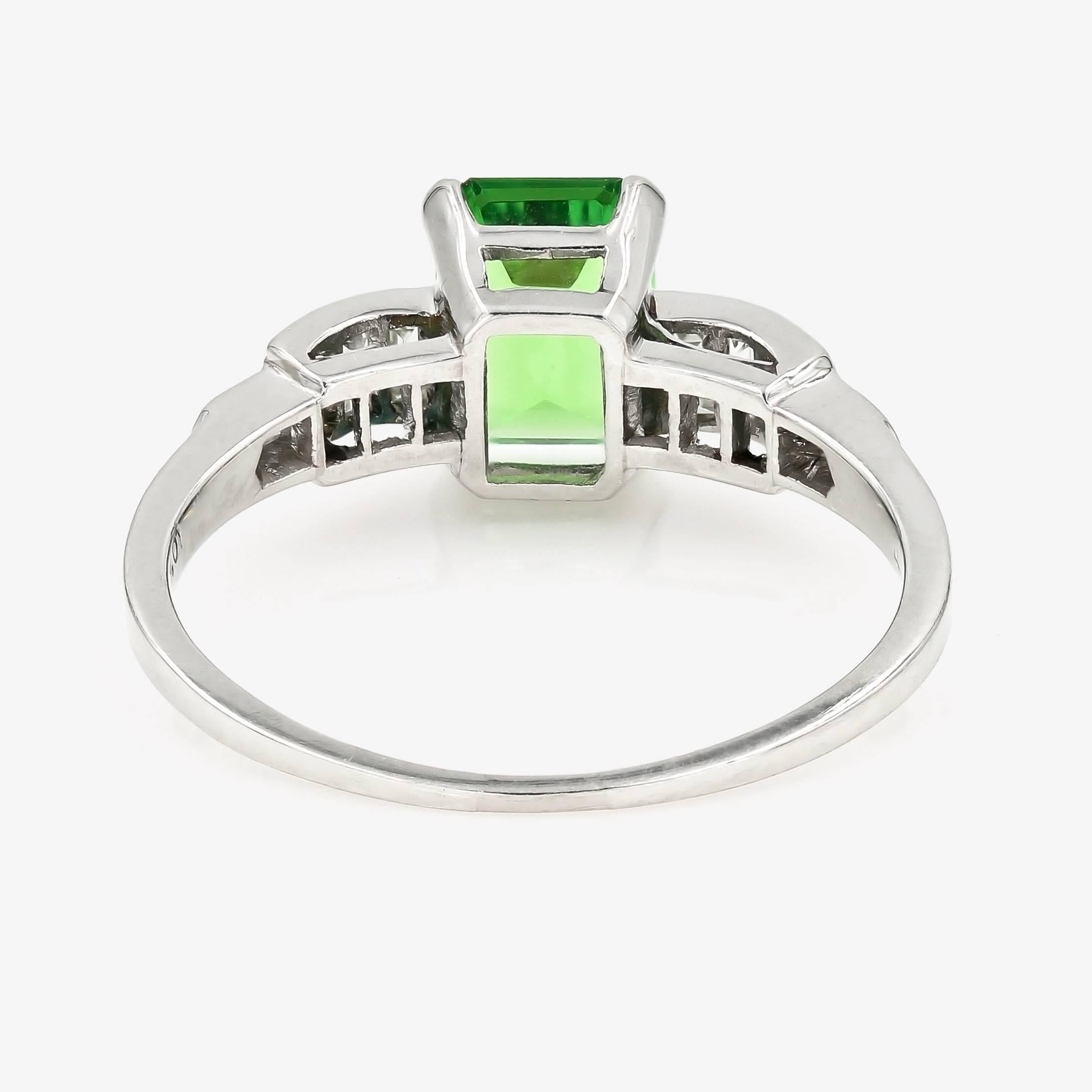 Women's Emerald Cut Natural Tsavorite and Baguette Diamond Ring in Platinum