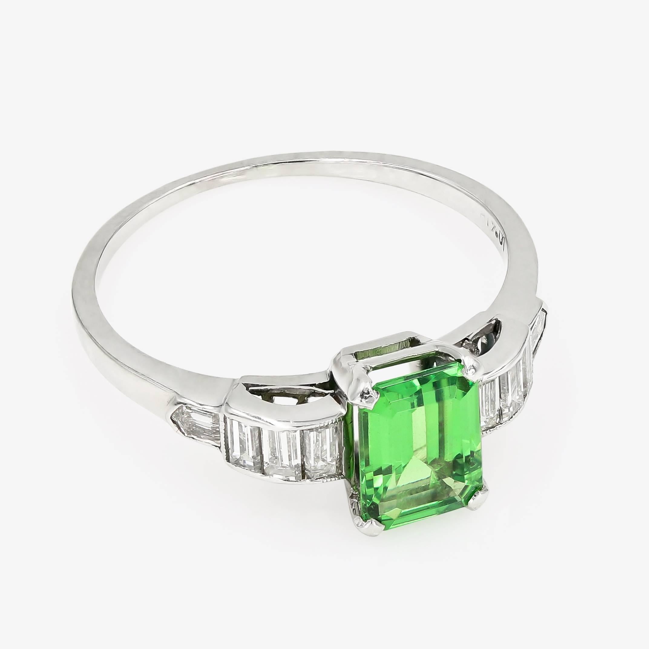 Emerald Cut Natural Tsavorite and Baguette Diamond Ring in Platinum 1