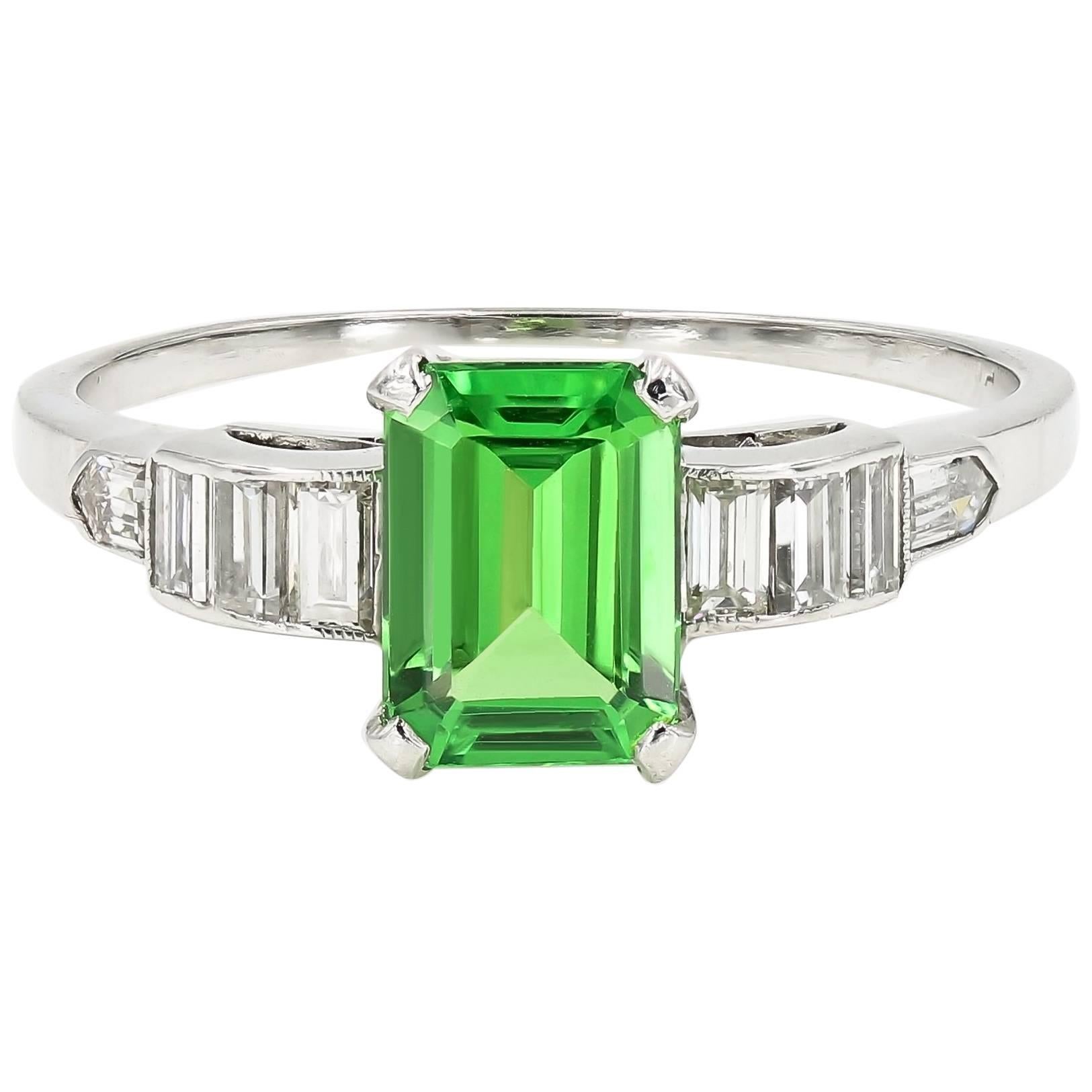 Emerald Cut Natural Tsavorite and Baguette Diamond Ring in Platinum