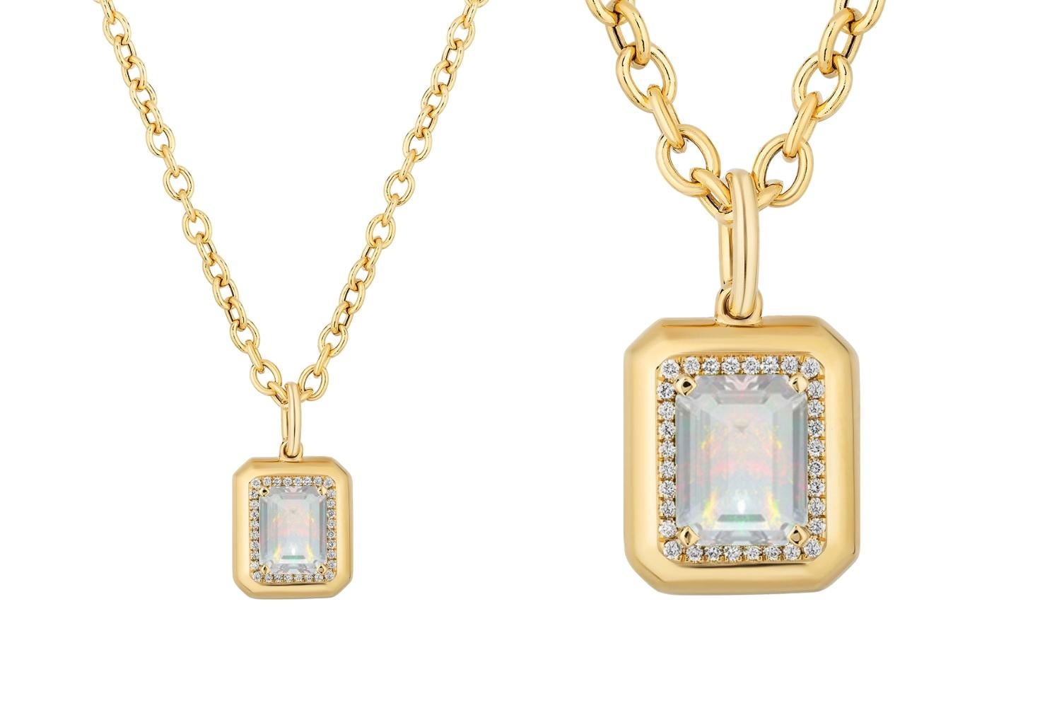 Women's Emerald-Cut Opal & Diamond Pendant in 18K Yellow Gold For Sale