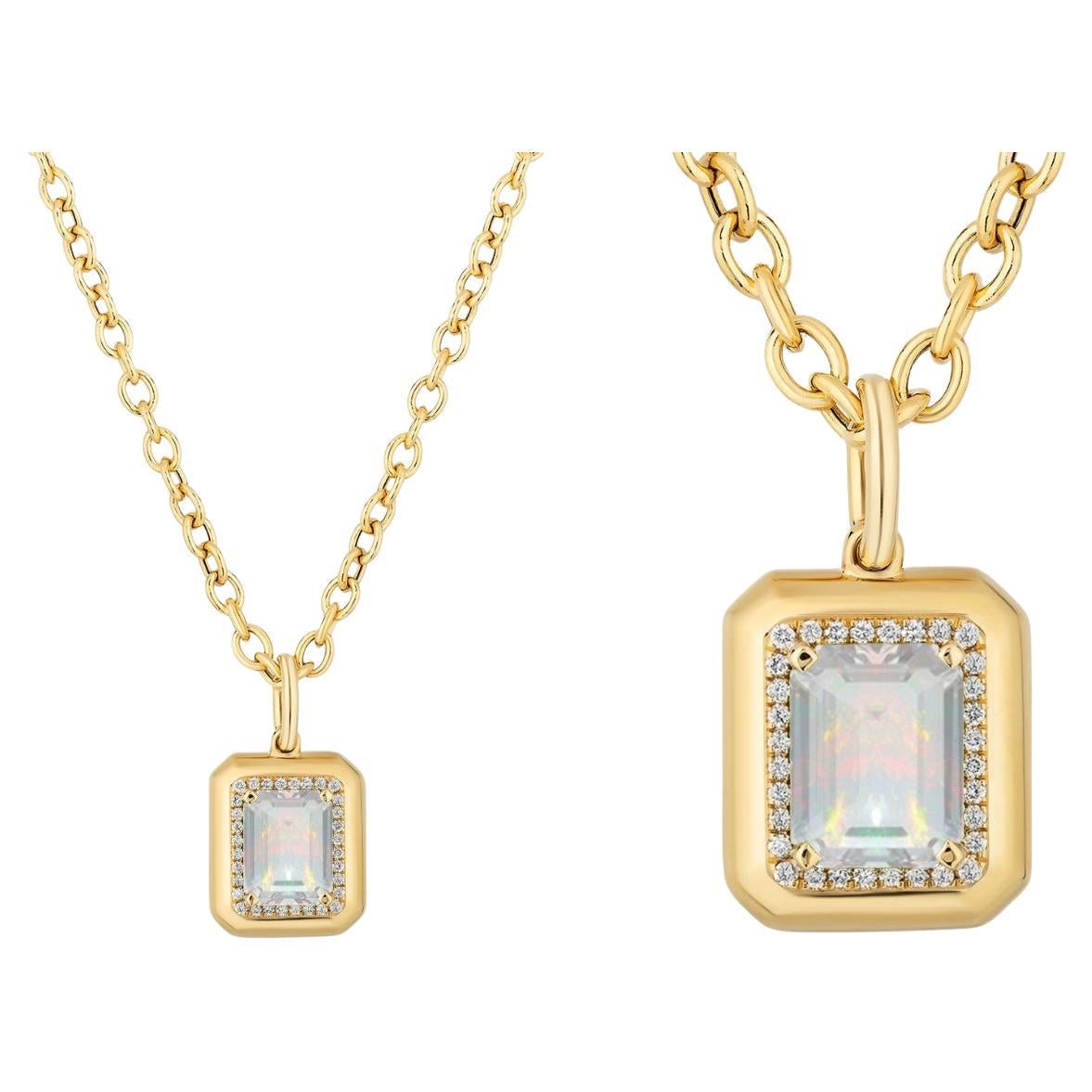 Emerald-Cut Opal & Diamond Pendant in 18K Yellow Gold For Sale