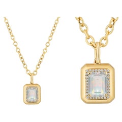 Emerald-Cut Opal & Diamond Pendant in 18K Yellow Gold