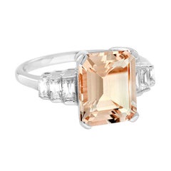 Emerald Cut Peach Orange Morganite & Baguette Diamond Solitaire White Gold Ring