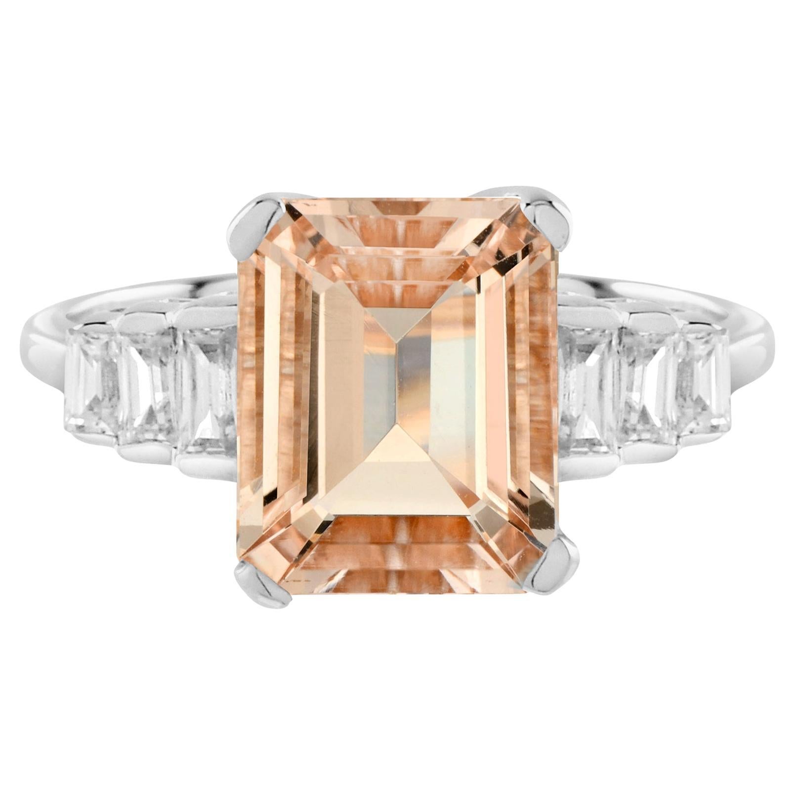 Emerald Cut Peach Orange Morganite & Baguette Diamond Solitaire White Gold Ring