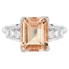 Emerald Cut Peach Orange Morganite & Baguette Diamond Solitaire White Gold Ring