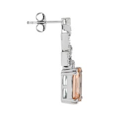 Emerald Cut Peach Orange Morganite & Diamond Drop Dangle White Gold Earrings