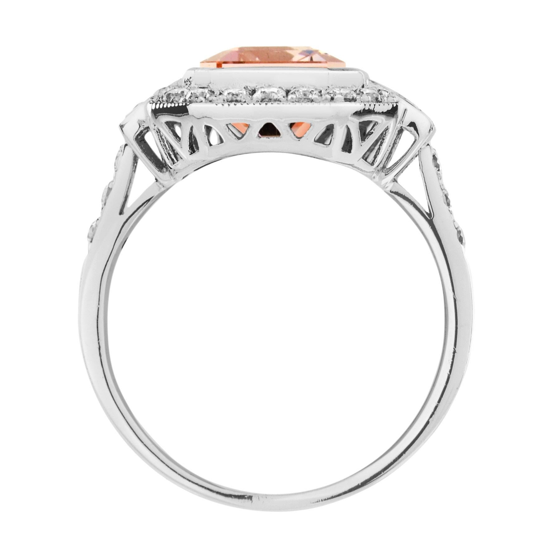 Emerald Cut Peach Orange Morganite & Diamond Halo Set 14K White Gold Ring im Zustand „Neu“ im Angebot in Oakton, VA