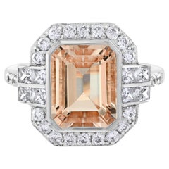 Emerald Cut Peach Orange Morganite & Diamond Halo Set 14K White Gold Ring