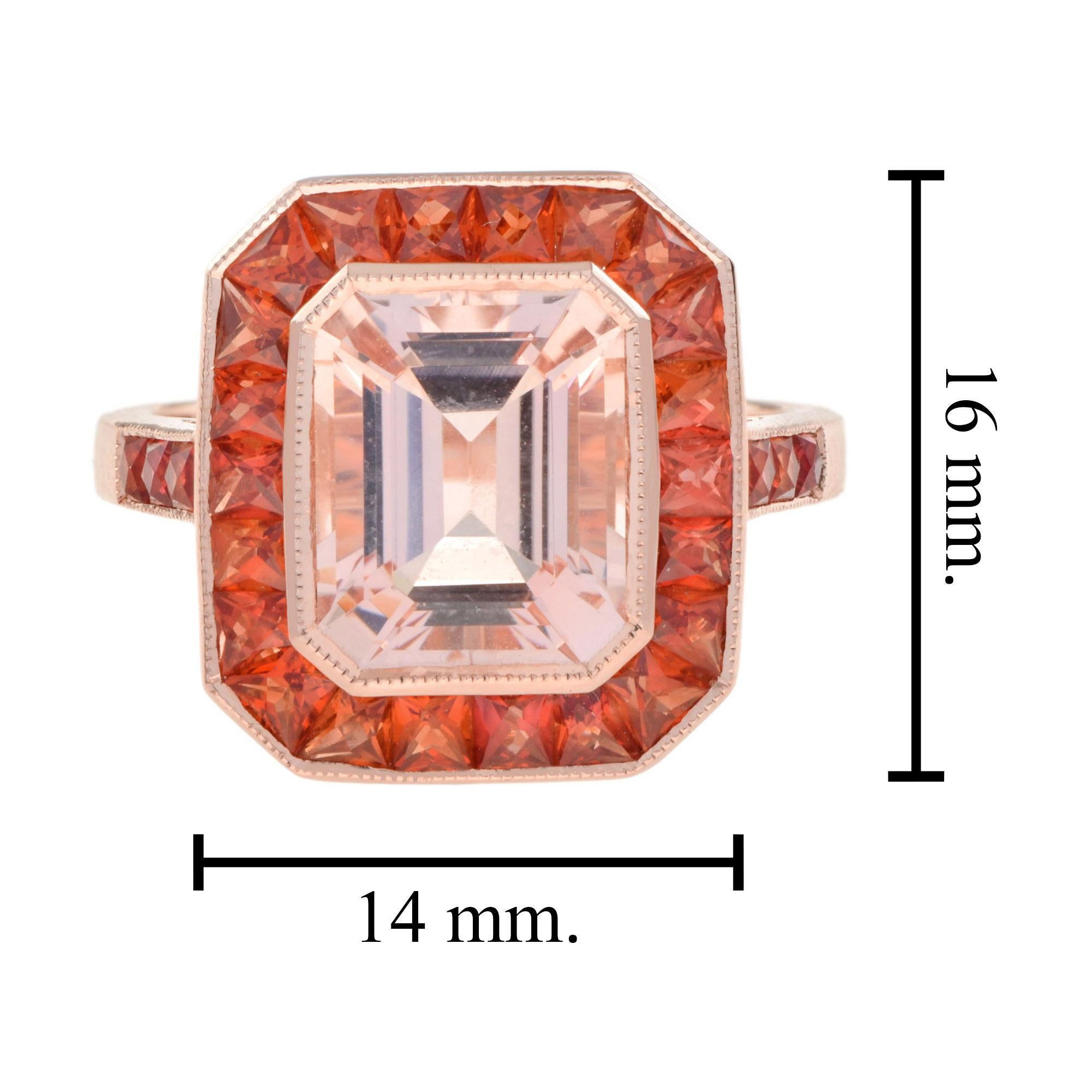 Bague en or rose 18 carats Morganite rose pêche et saphir orange, taille émeraude en vente 4