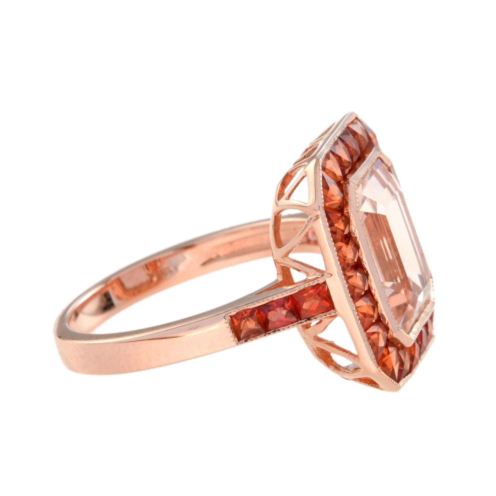 Art déco Bague en or rose 18 carats Morganite rose pêche et saphir orange, taille émeraude en vente