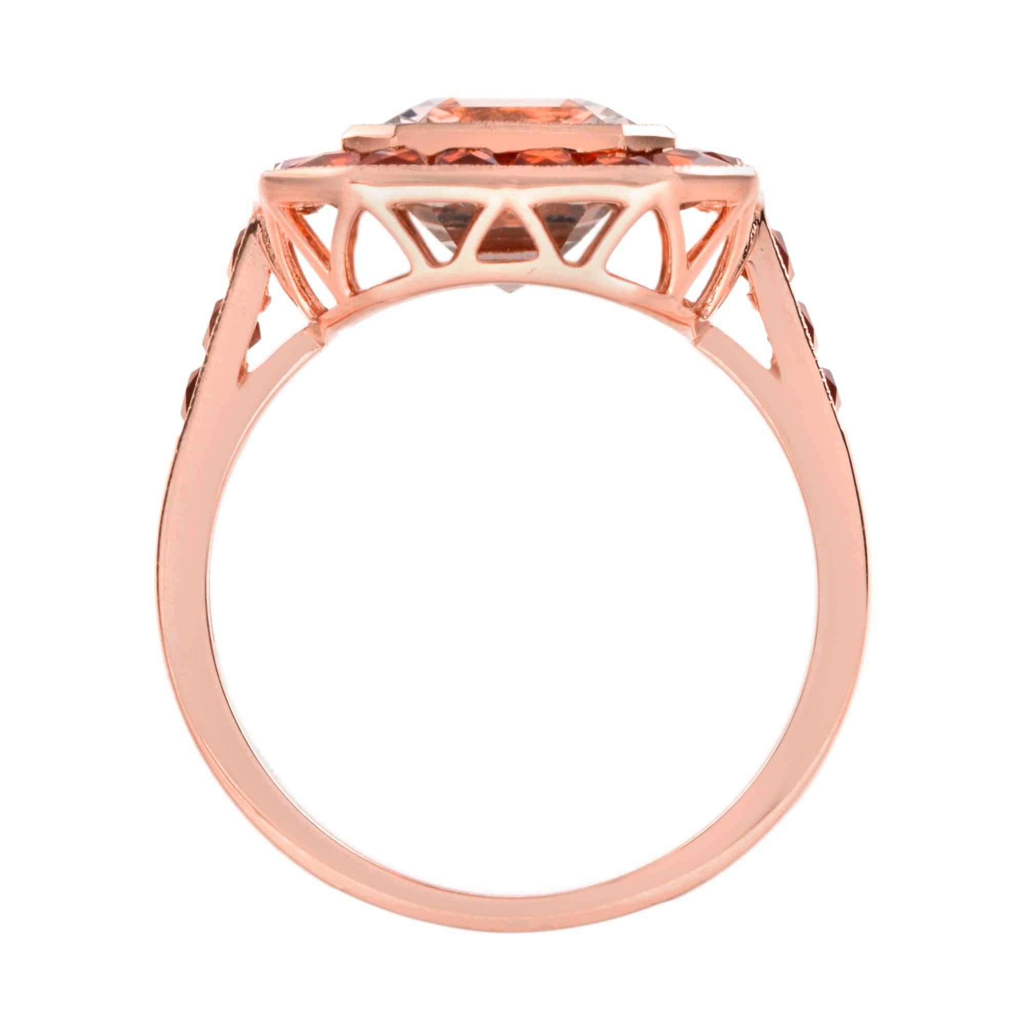 Taille émeraude Bague en or rose 18 carats Morganite rose pêche et saphir orange, taille émeraude en vente