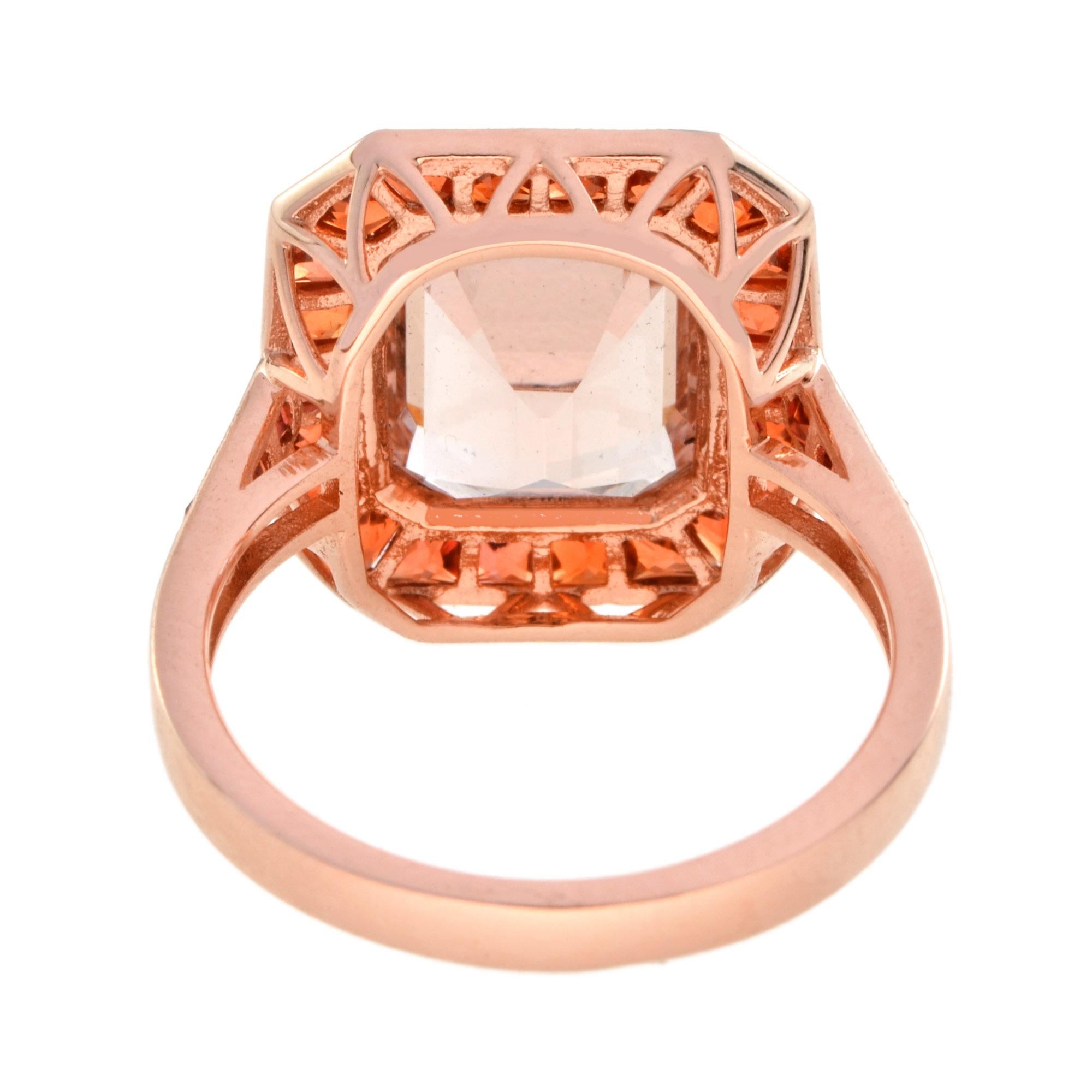 Bague en or rose 18 carats Morganite rose pêche et saphir orange, taille émeraude Neuf - En vente à Oakton, VA