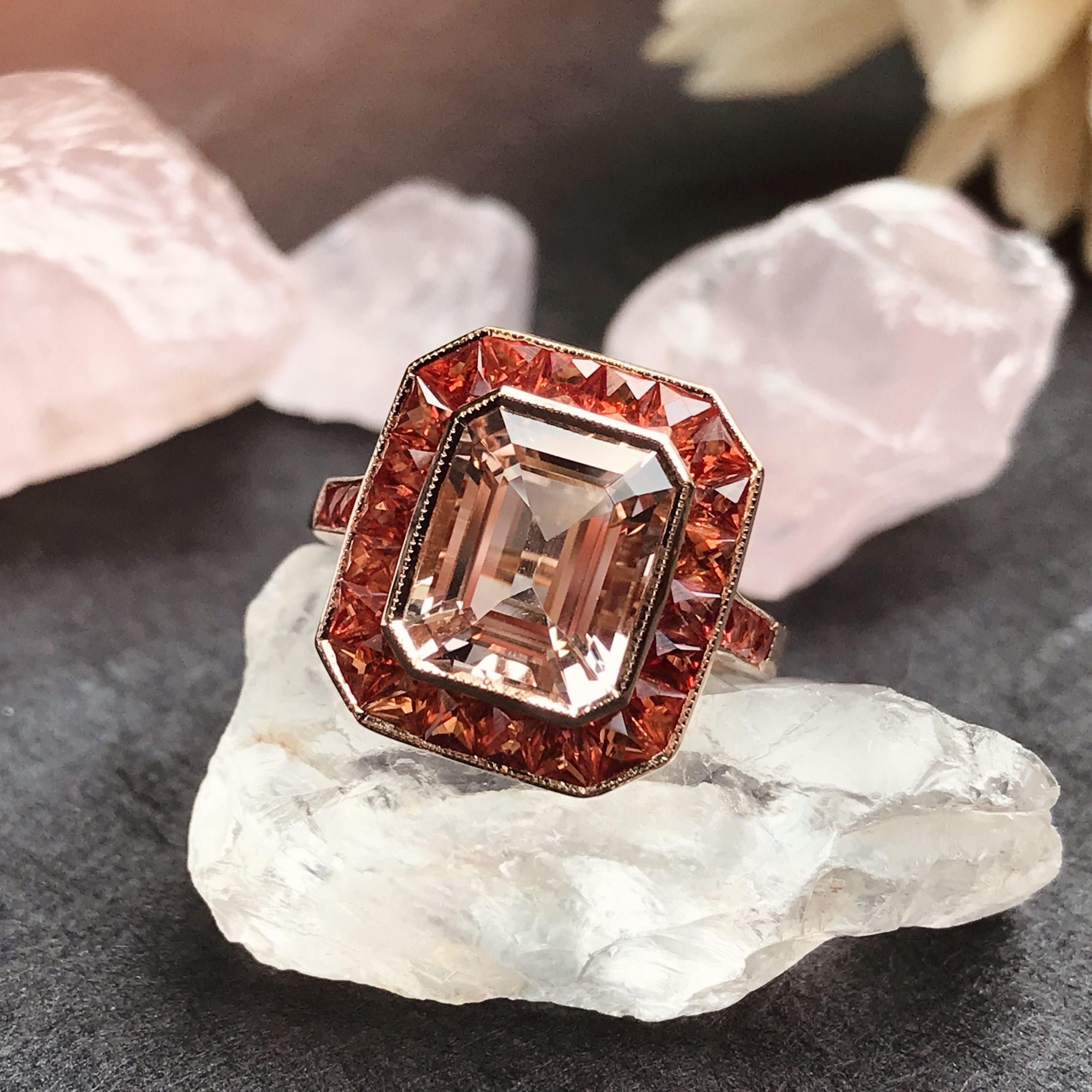Bague en or rose 18 carats Morganite rose pêche et saphir orange, taille émeraude Pour femmes en vente