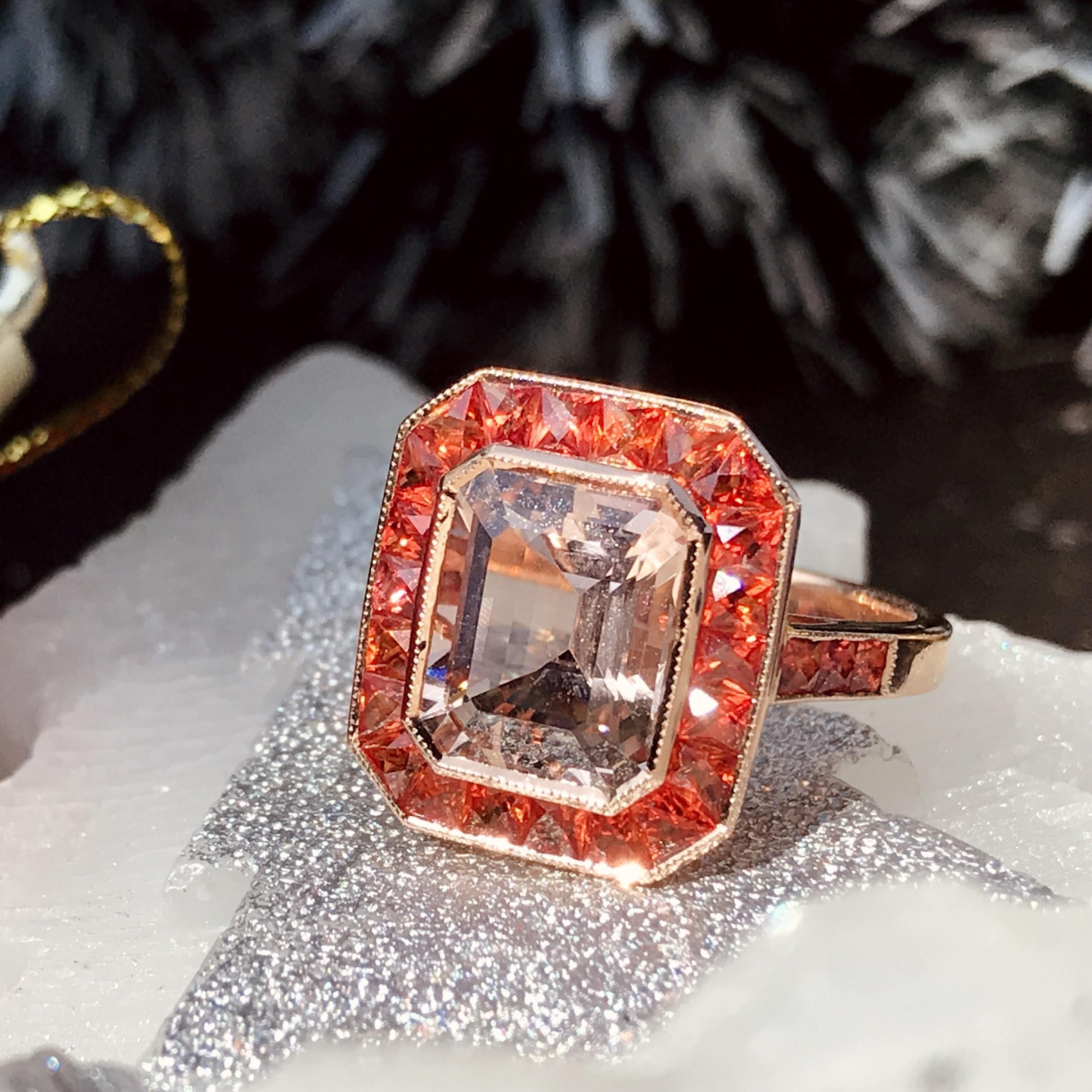 Bague en or rose 18 carats Morganite rose pêche et saphir orange, taille émeraude en vente 1