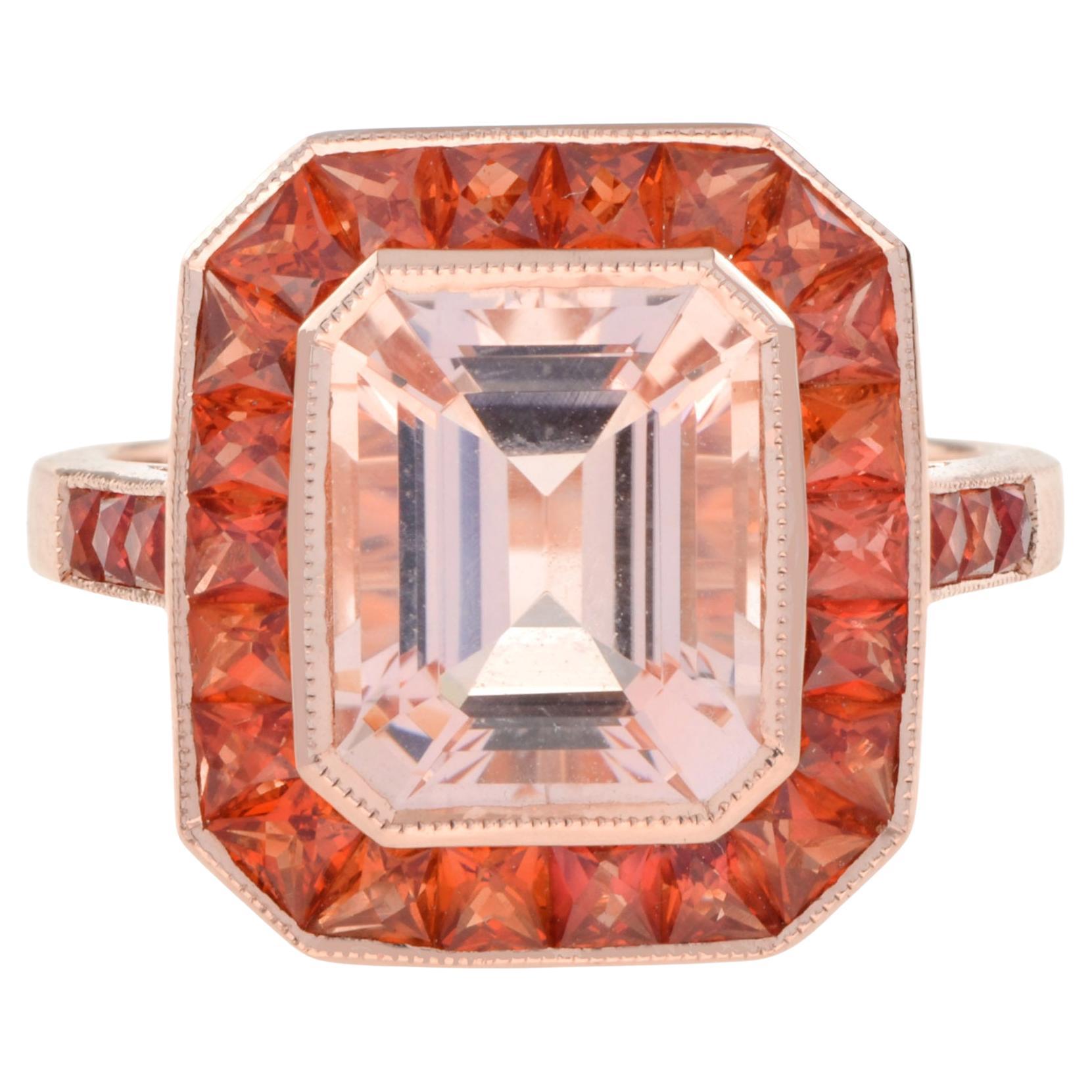 Emerald Cut Peach Pink Morganite & Orange Sapphire Halo 18K Rose Gold Ring