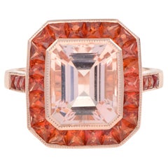Emerald Cut Peach Pink Morganite & Orange Sapphire Halo 18K Rose Gold Ring