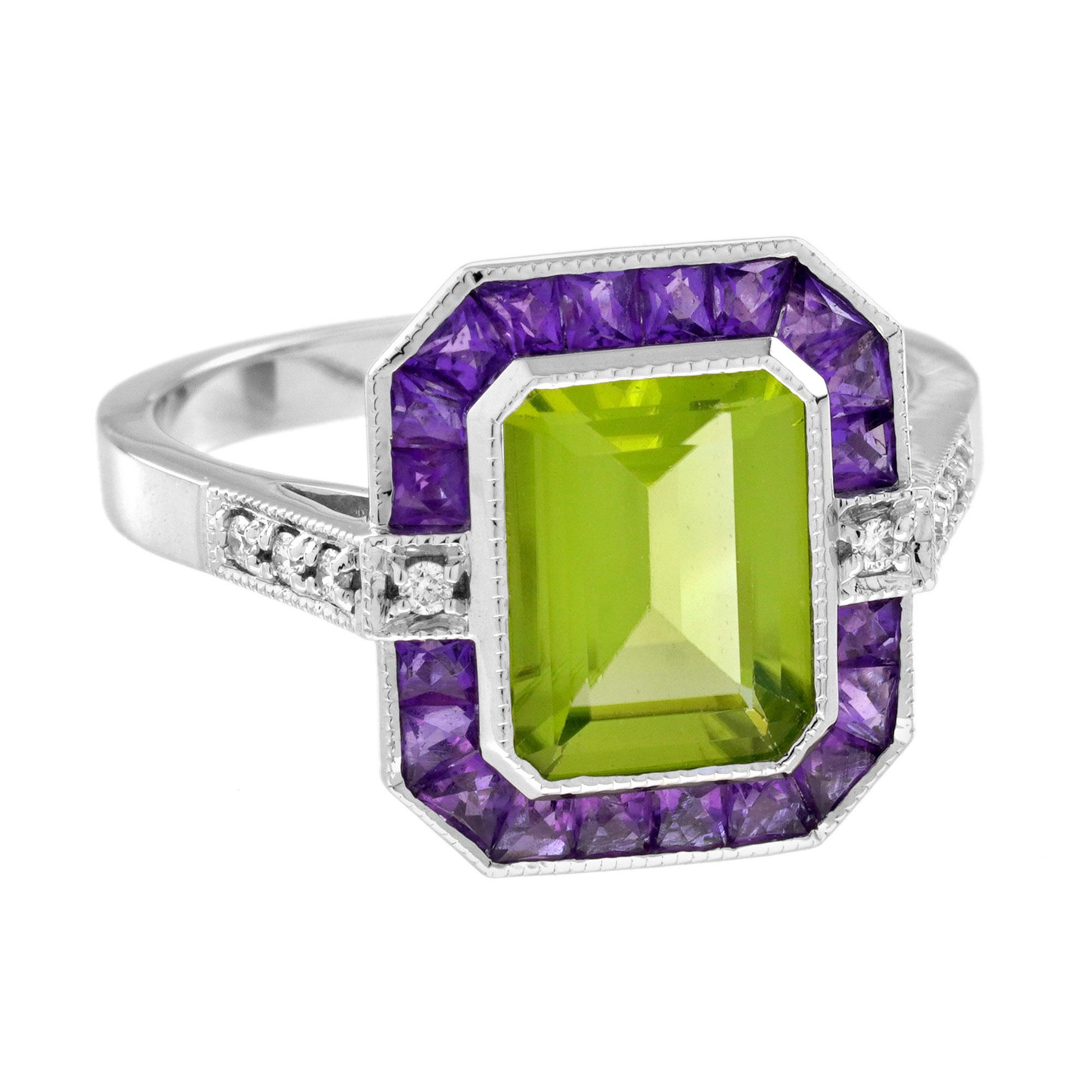 At the heart of this Art Deco–inspired ring shines an emerald-cut Peridot, vivid and radiant. Surrounding it, French-cut Amethysts add a touch of regal purple elegance, while diamond-set shoulders sparkle with refined brilliance. Geometric symmetry