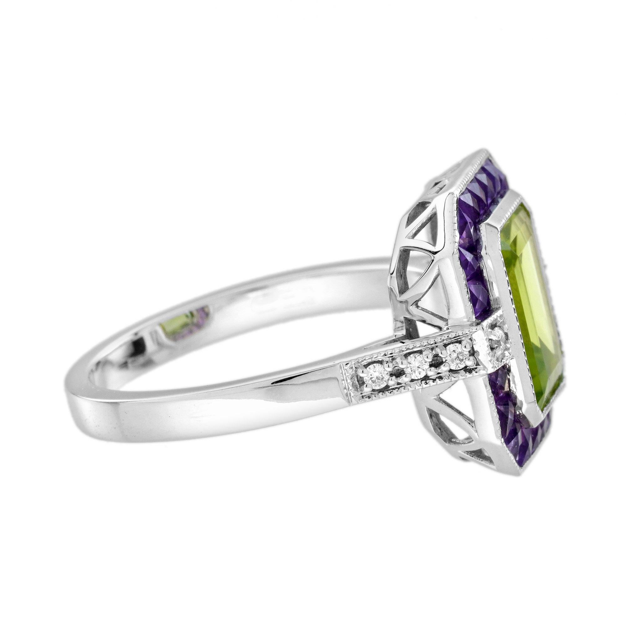 Emerald Cut Peridot Amethyst and Diamond Art Deco Style Ring in 14K White Gold Art Decó en venta