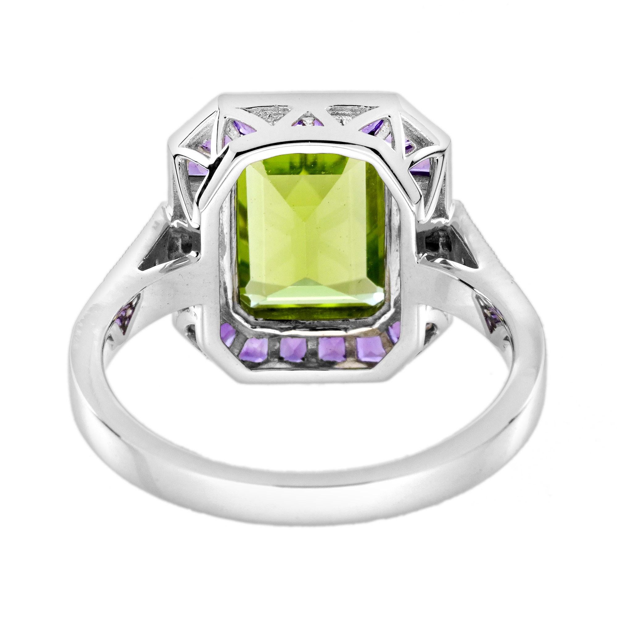 Emerald Cut Peridot Amethyst and Diamond Art Deco Style Ring in 14K White Gold Corte redondo en venta