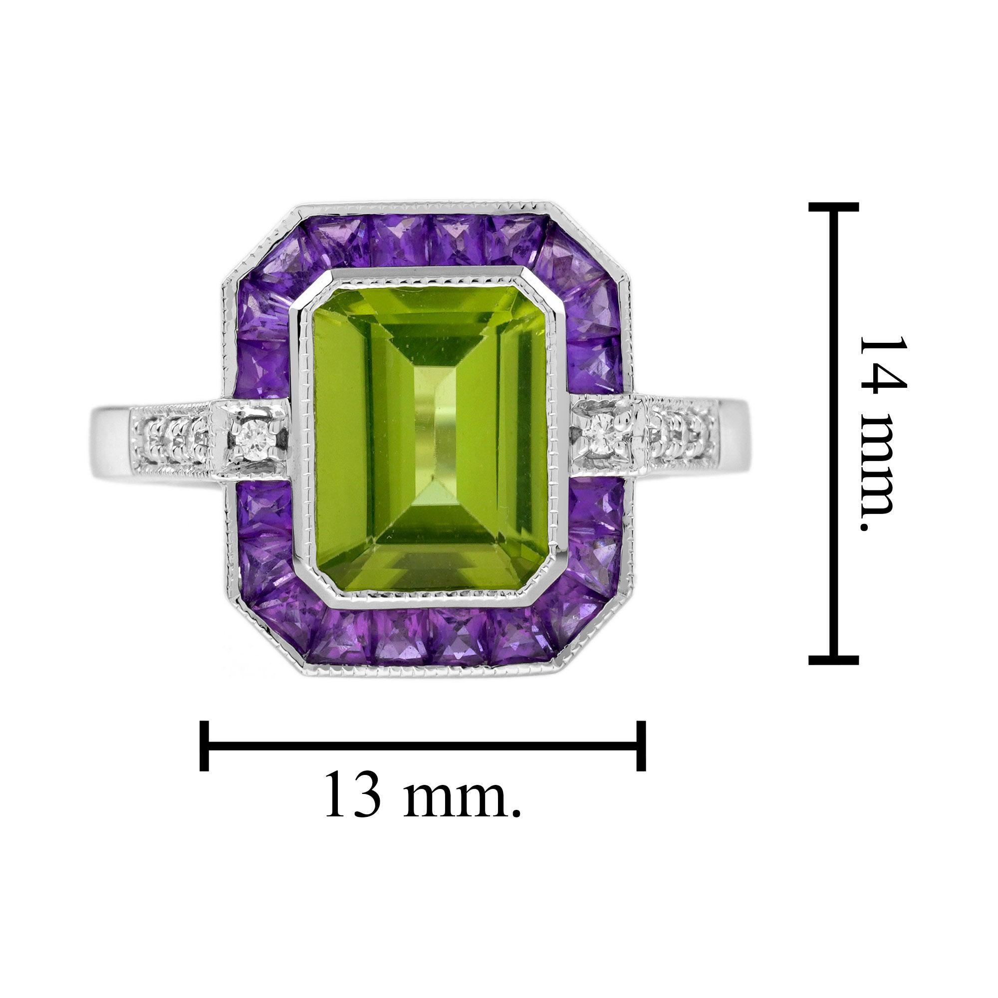 De las mujeres Emerald Cut Peridot Amethyst and Diamond Art Deco Style Ring in 14K White Gold en venta