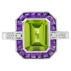 Emerald Cut Peridot Amethyst and Diamond Art Deco Style Ring in 14K White Gold