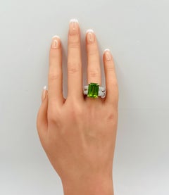 Emerald Cut Peridot and Diamond Ring in 18K White Gold