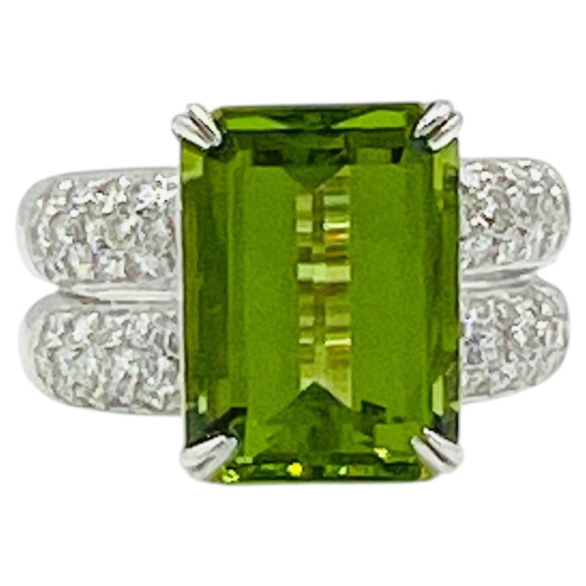 Emerald Cut Peridot and Diamond Ring in 18K White Gold For Sale