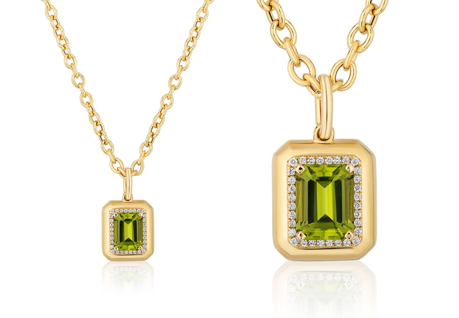 Taille émeraude Pendentif en or jaune 18 carats avec péridot taille émeraude et diamant en vente