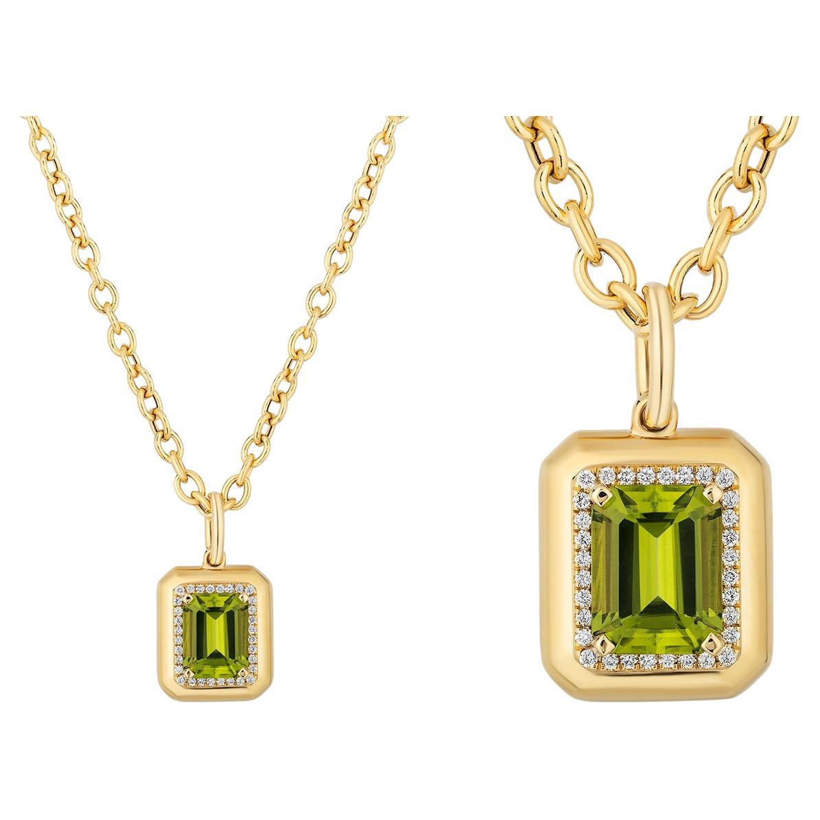 Emerald-Cut Peridot & Diamond Pendant in 18K Yellow Gold