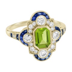 Emerald Cut Peridot Sapphire and Diamond Art Deco Style Halo Ring in 14K Gold