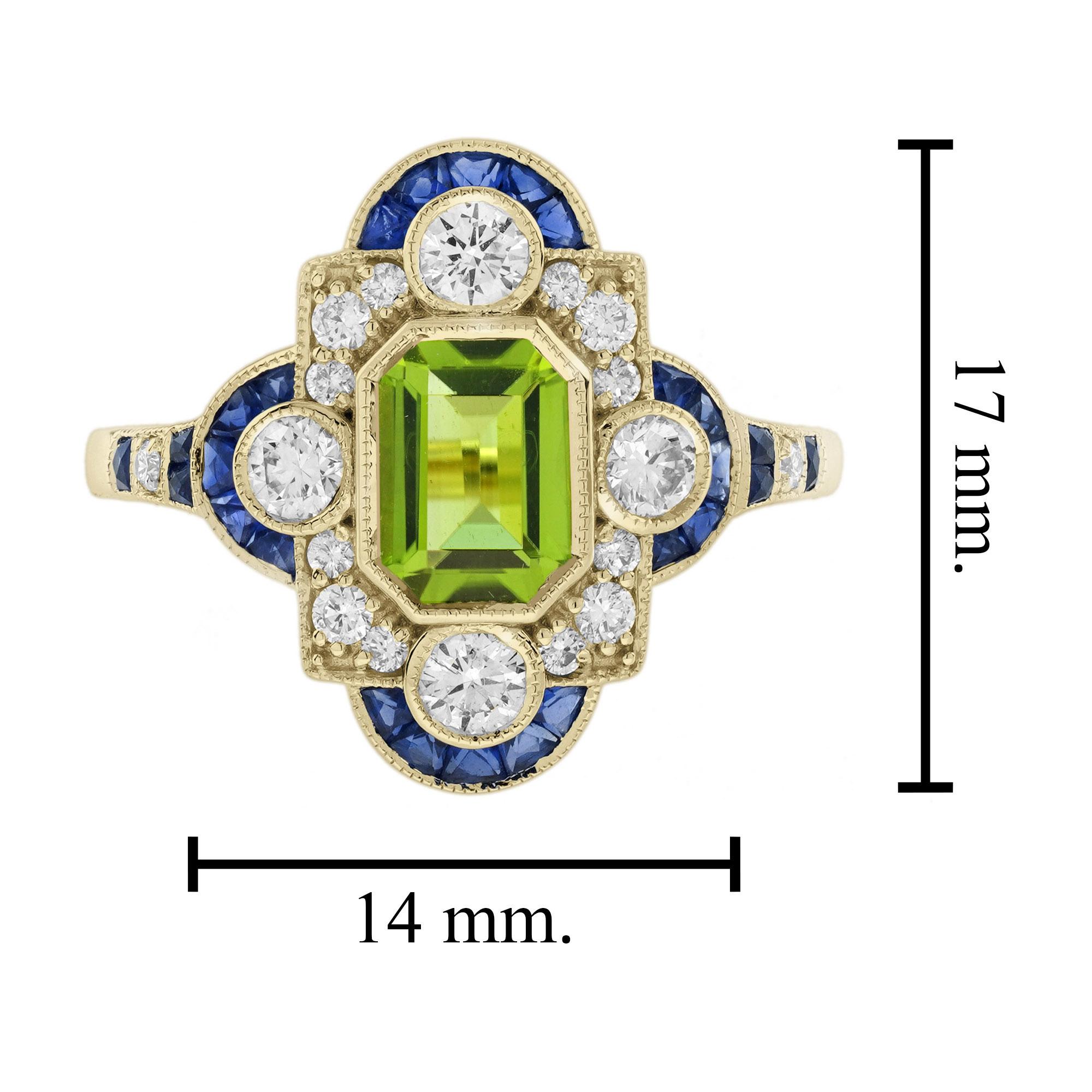 Bague de style art déco en or 14 carats, péridot, saphir et diamant, taille émeraude Pour femmes en vente