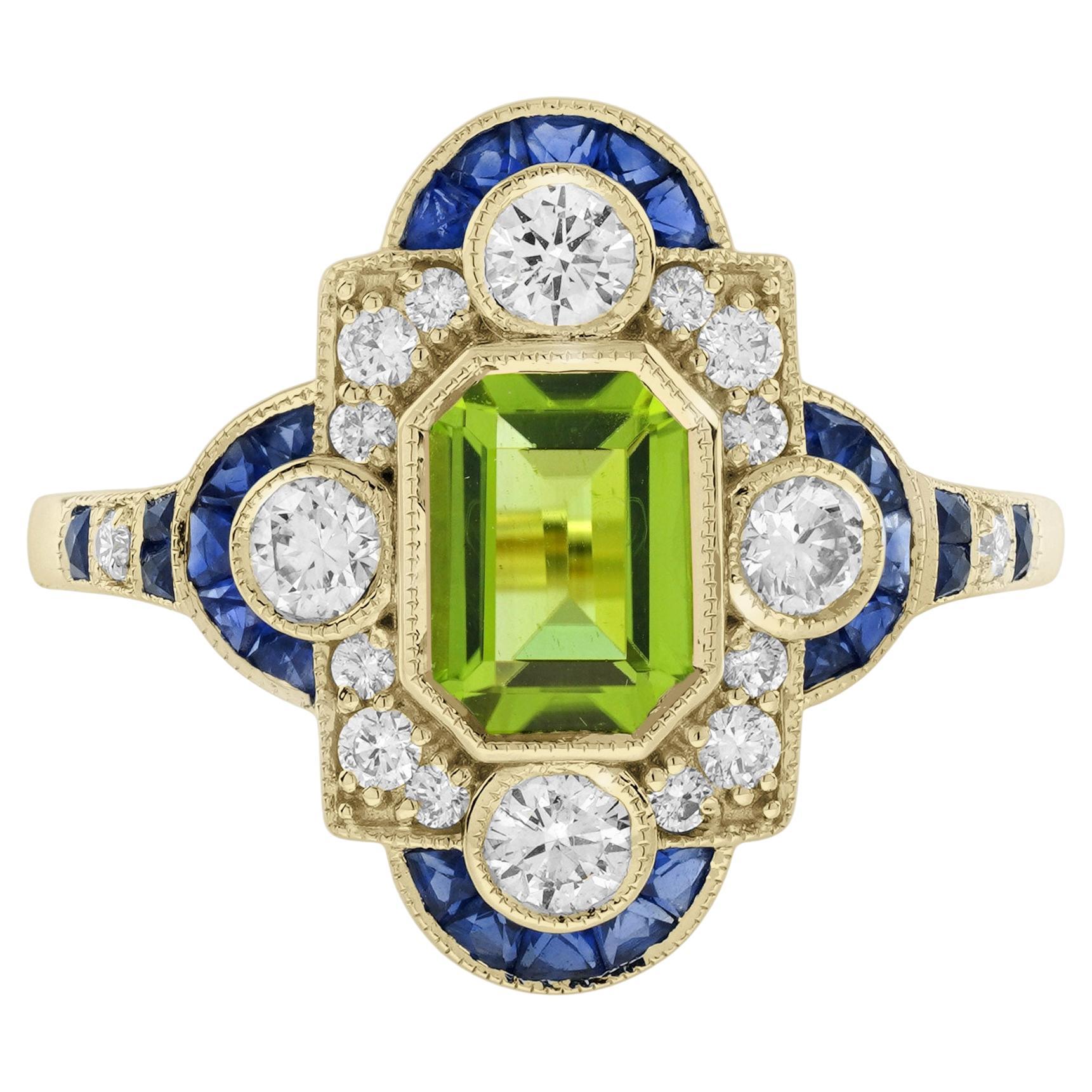 Bague de style art déco en or 14 carats, péridot, saphir et diamant, taille émeraude