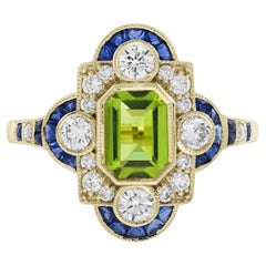 Emerald Cut Peridot Sapphire and Diamond Art Deco Style Halo Ring in 14K Gold